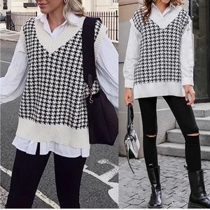 Houndstooth V Neck Oversized Sweater Vest